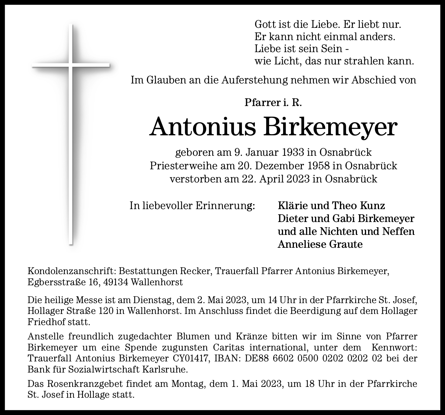 Birkermeyer Antonius Pfarrer Anzeige Familie